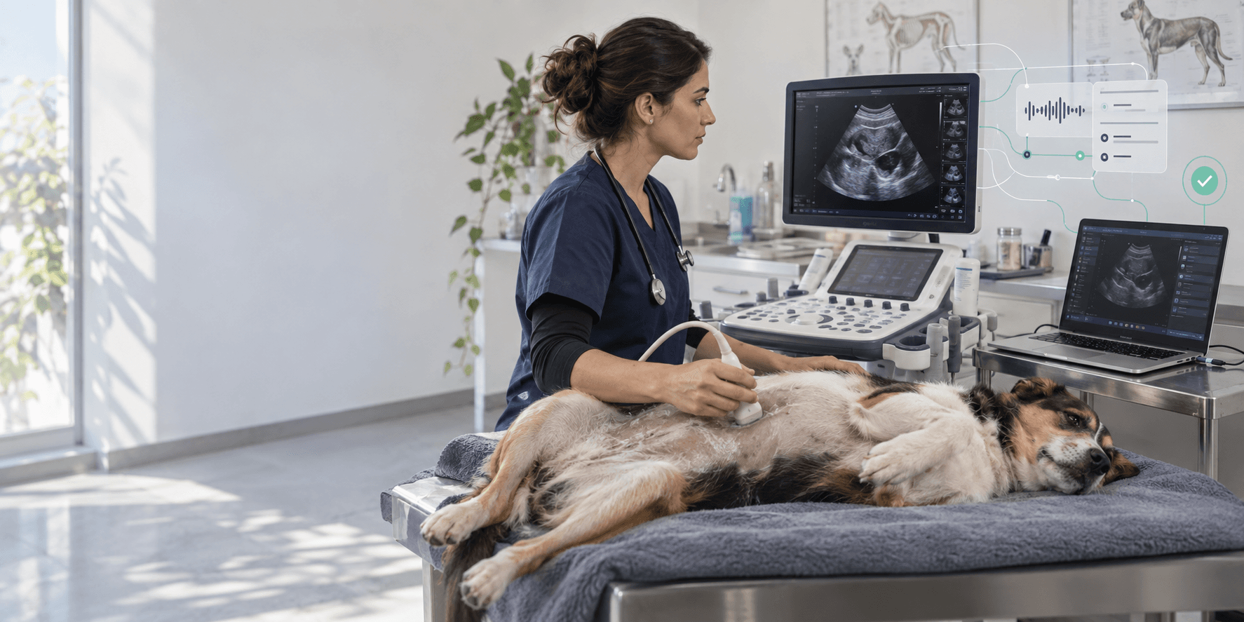 Veterinaria realizando una ecografía abdominal a un perro, con una notebook junto al ecógrafo y una visualización gráfica del flujo asistido por IA