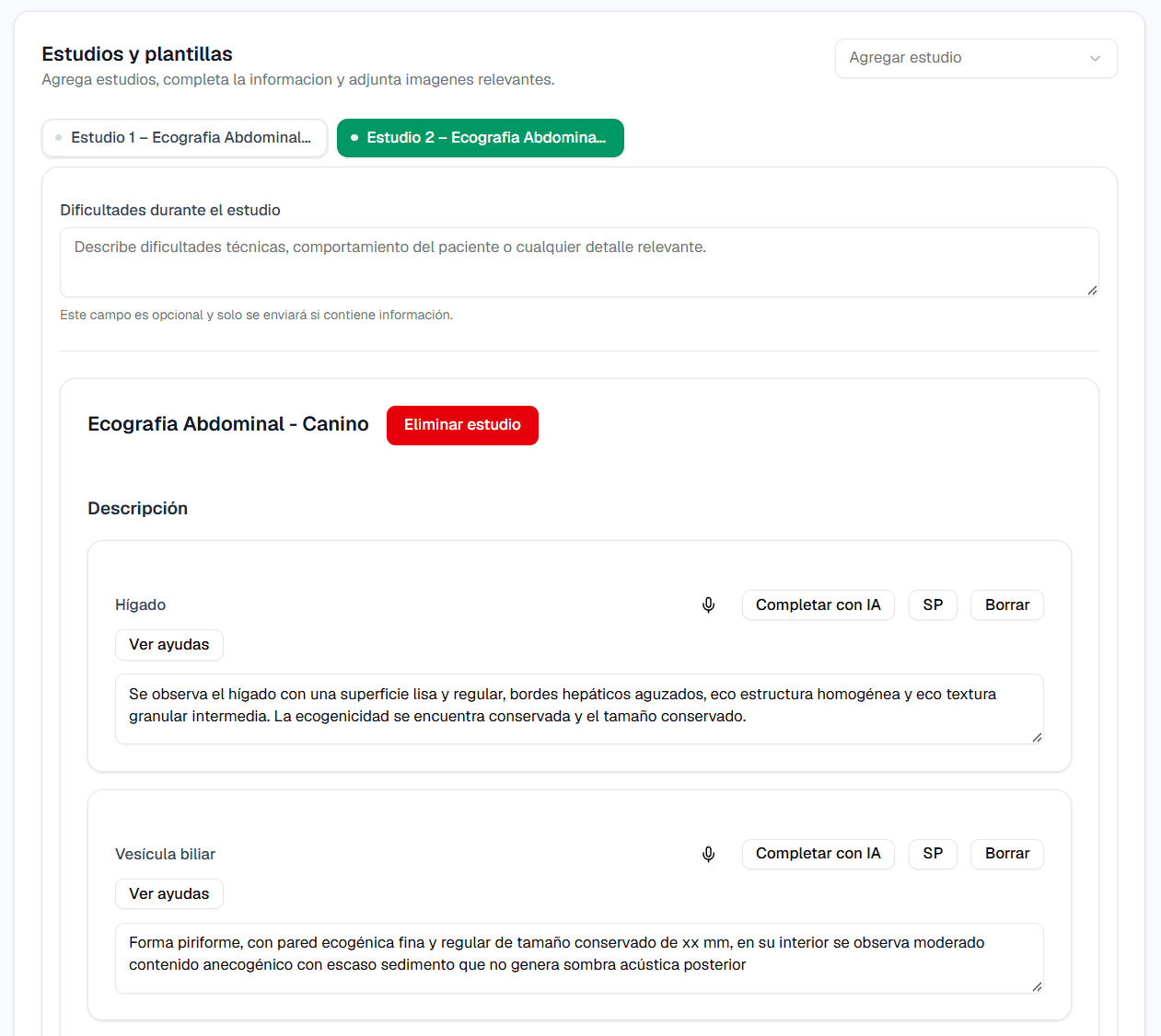 Registro de hallazgos por órgano en Brevet, con la nota del profesional y la redacción del subinforme asistida por IA a la vista
